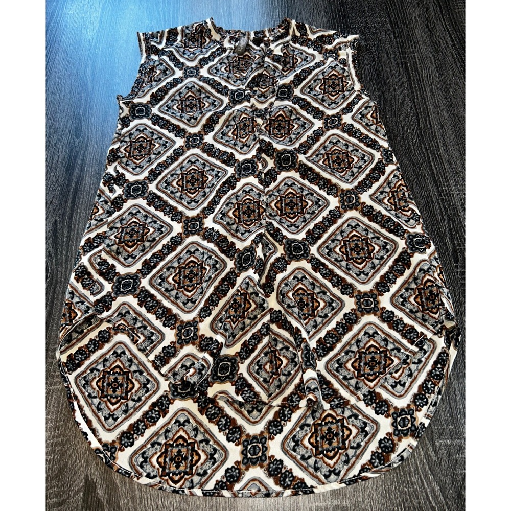 Allison Joy‎ Sleeveless Blouse Top Geometric Print Button Down Small Boho Chic